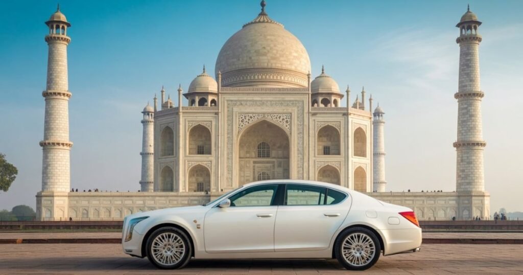 Luxury private car parked in front of the Taj Mahal in Agra