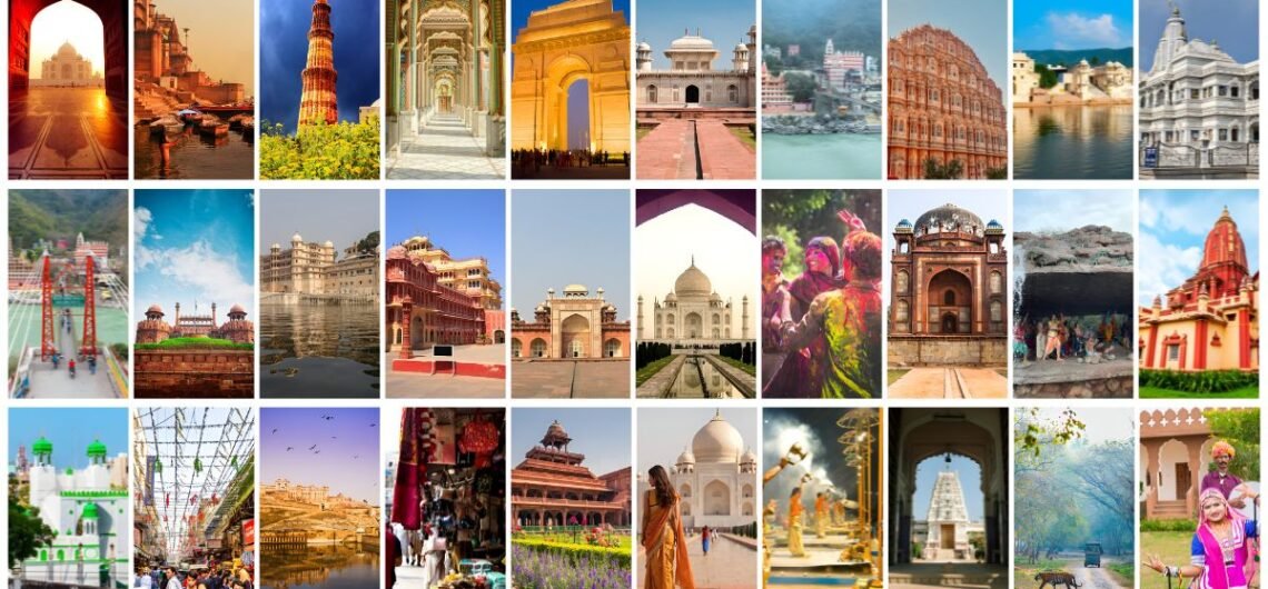 A collage of famous monuments, temples, markets, and cultural sites representing the Top 15 Best Places to Visit in India.