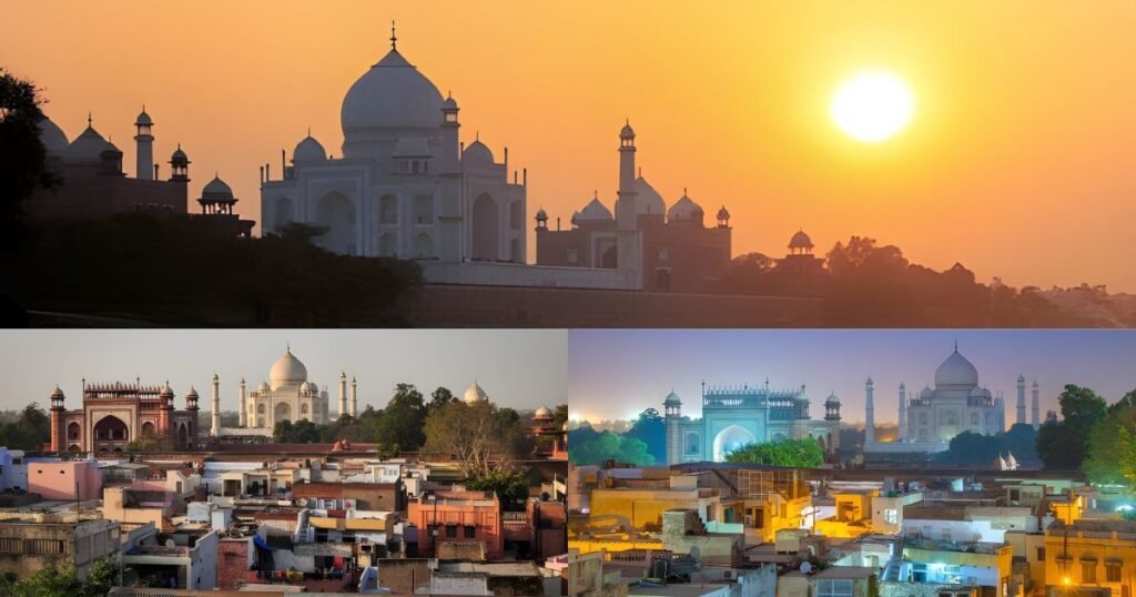 Sunset and evening views of the Taj Mahal seen from nearby villages during a village walk near Taj Mahal.