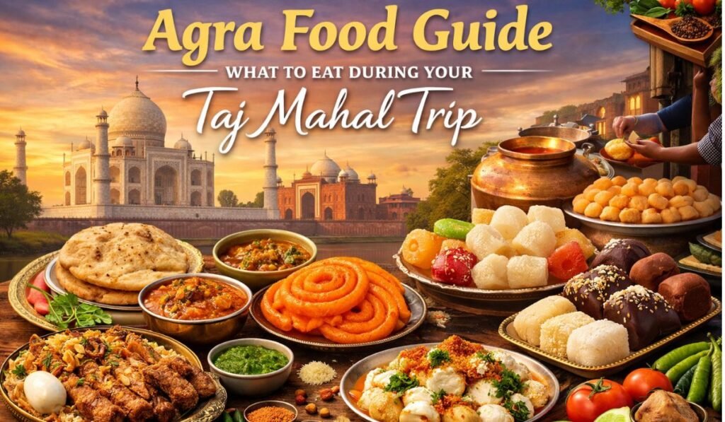 Traditional Agra food specialties including Bedai Kachori, Jalebi, Chaat, Petha and local sweets with Taj Mahal in the background