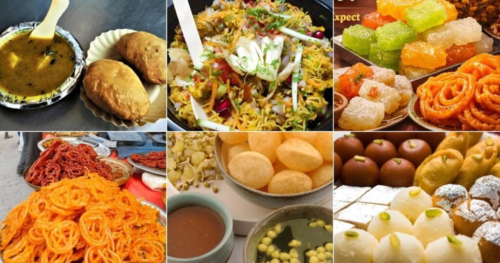 Famous Foods of Agra: Must-Try Street Food and Sweets Collage of famous Agra foods including Bedai Kachori, Dalmoth, Petha, Jalebi, Golgappa and traditional Indian sweets