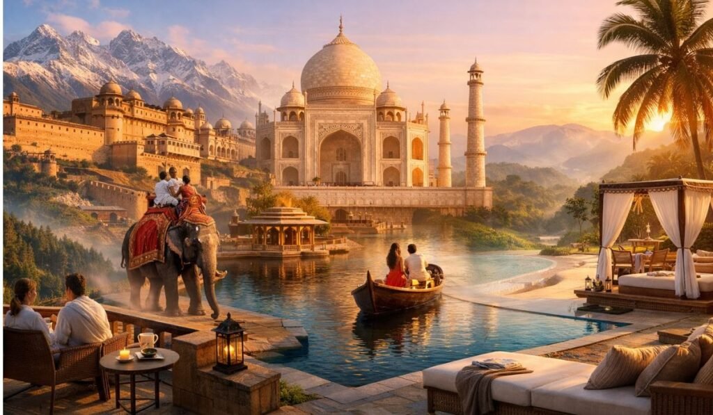 Luxury travel in India featuring Taj Mahal, Rajasthan palace, mountains, elephant ride and scenic resort view
