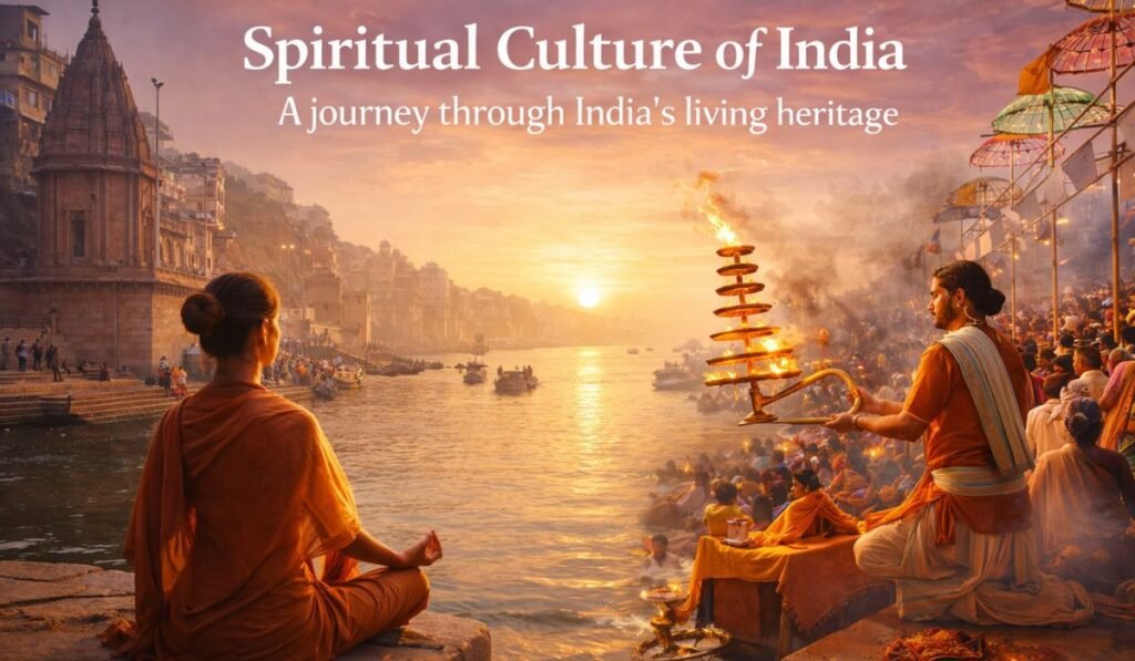 Spiritual culture of India showing Ganga Aarti ceremony in Varanasi with devotees and holy river Ganges