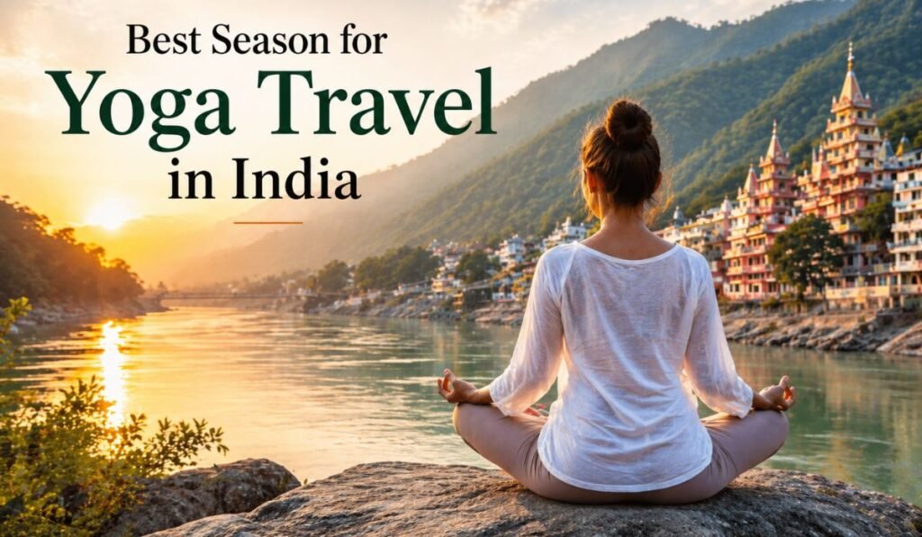 Person meditating by river in Rishikesh during best season for yoga travel in India