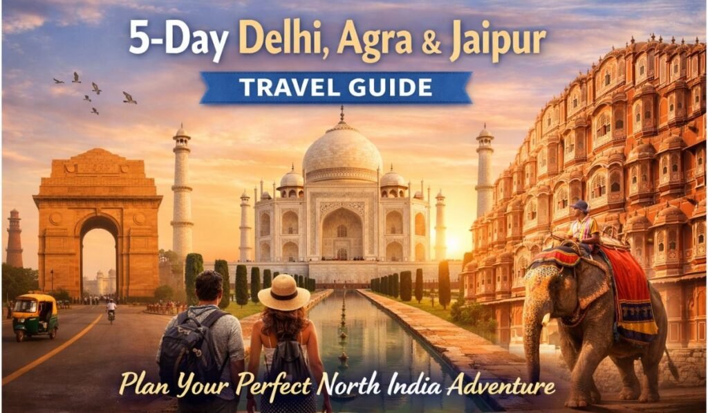 5-day Delhi Agra Jaipur travel guide featuring India Gate, Taj Mahal, Hawa Mahal, and tourists planning a North India adventure