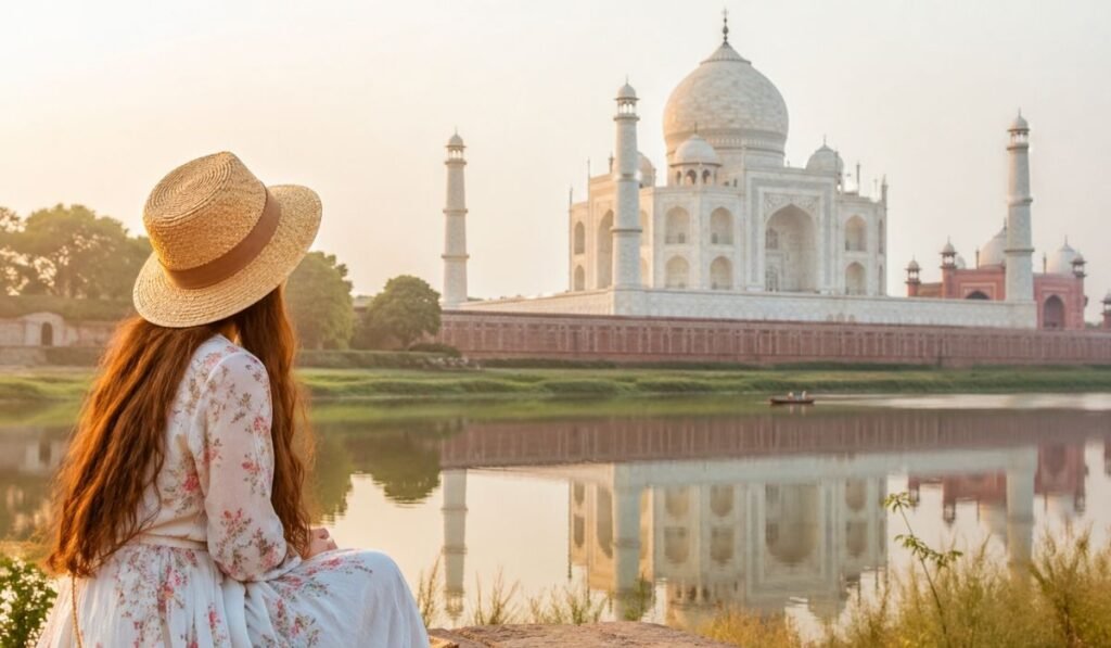 Hidden Gem in Agra – Taj Mahal View from Mehtab Bagh Peaceful view of Taj Mahal from Mehtab Bagh with a traveler enjoying a quiet hidden spot in Agra