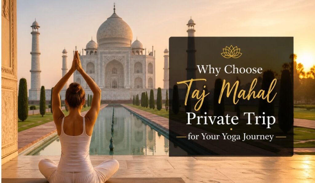 Woman practicing yoga meditation in front of Taj Mahal during a private spiritual tour in India
