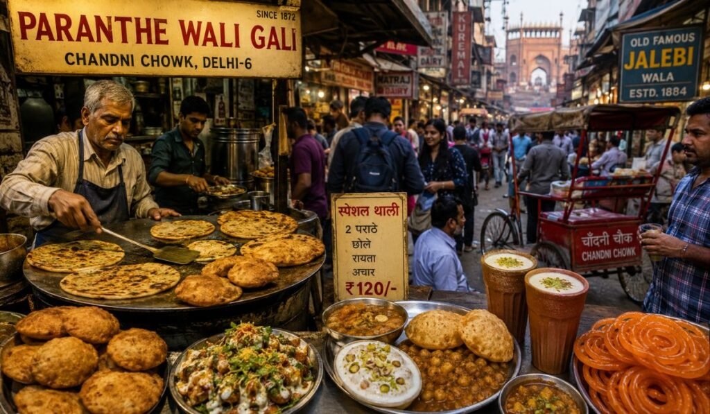Popular Delhi street food including paratha, chaat, jalebi, kachori, and local snacks served in Chandni Chowk market