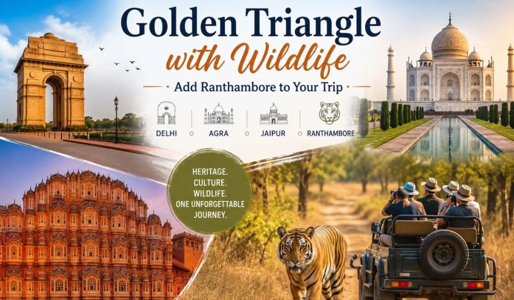 Golden Triangle with Wildlife tour featuring Delhi, Agra, Jaipur, Taj Mahal, Hawa Mahal, and Ranthambore tiger safari