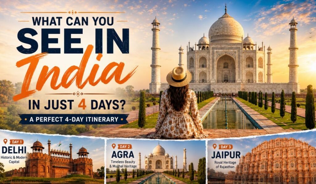 Traveler admiring the Taj Mahal with a 4-day India itinerary featuring Delhi, Agra, and Jaipur attractions in the Golden Triangle circuit