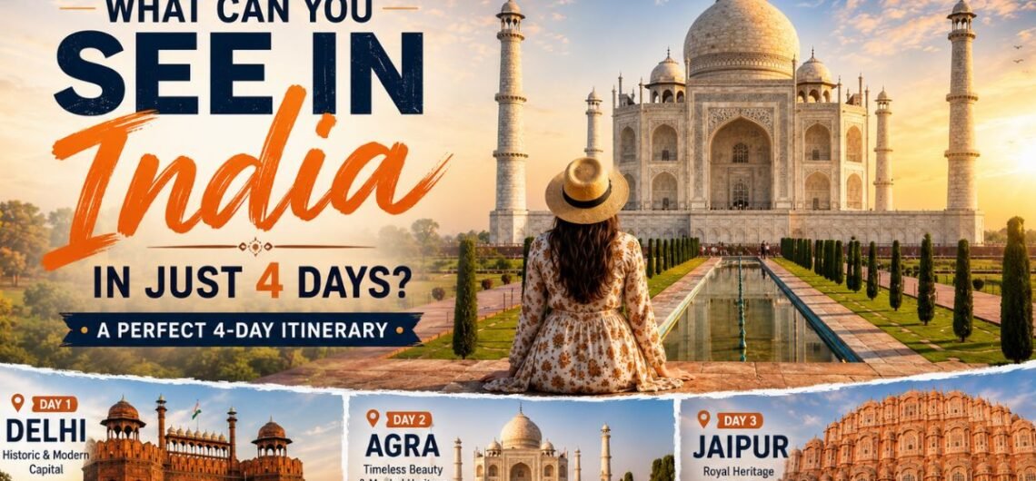 Traveler admiring the Taj Mahal with a 4-day India itinerary featuring Delhi, Agra, and Jaipur attractions in the Golden Triangle circuit