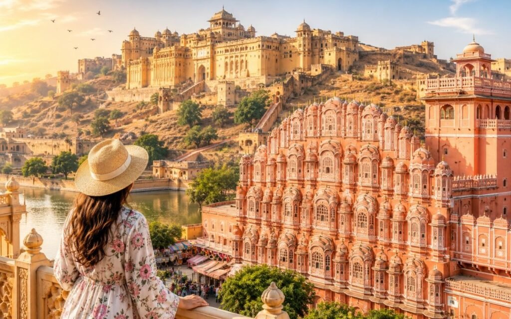 Experience Rajasthan's Royal Heritage in Jaipur Scenic view of Hawa Mahal and Amber Fort representing Rajasthan's royal heritage in Jaipur, India.