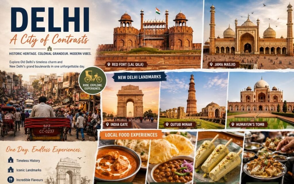 One-Day Delhi Tour Itinerary – Top Landmarks & Food Experiences One-day Delhi itinerary featuring Red Fort, Jama Masjid, India Gate, Qutub Minar, Humayun's Tomb, Old Delhi, and famous local food.