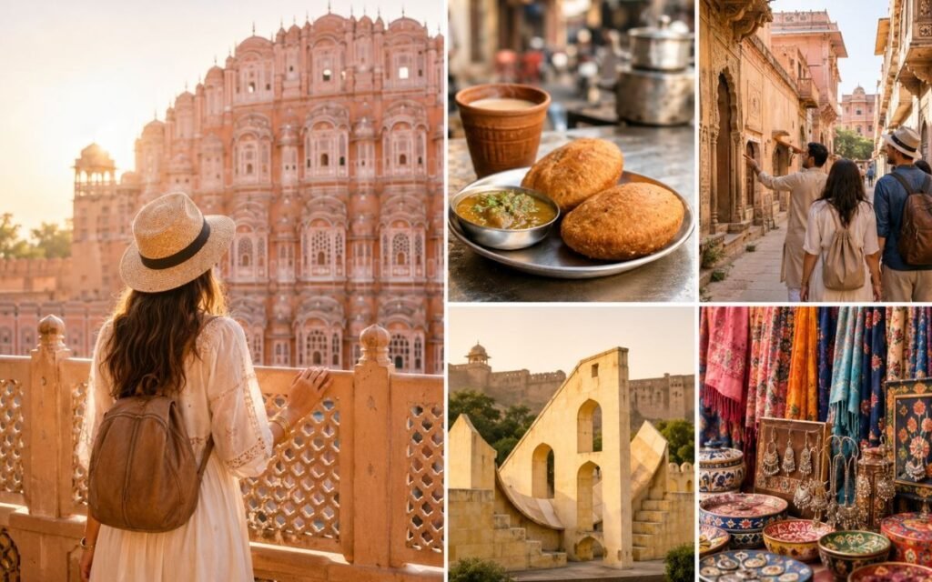 Jaipur Travel Guide – Top Things to Do, Eat, and Explore Collage featuring Jaipur attractions including Hawa Mahal, local street food, heritage walking tour, Jantar Mantar, and colorful handicraft shopping markets