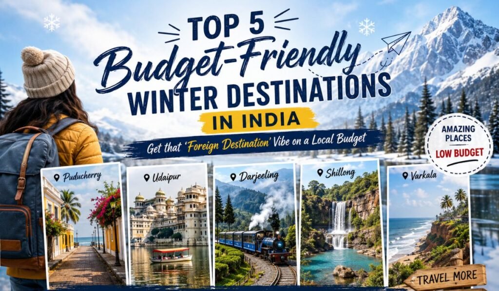 Top 5 budget-friendly winter destinations in India featuring Puducherry, Udaipur, Darjeeling, Shillong, and Varkala.