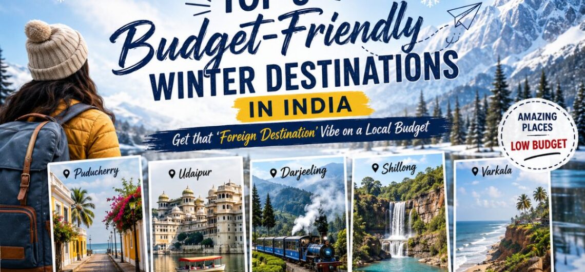 Top 5 budget-friendly winter destinations in India featuring Puducherry, Udaipur, Darjeeling, Shillong, and Varkala.