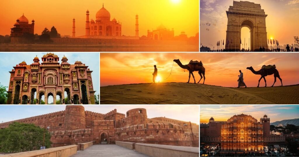 Collage featuring the Taj Mahal, India Gate, Jaipur's Hawa Mahal, Agra Fort, desert camel safari, and heritage attractions representing the Golden Triangle Tour in India.
