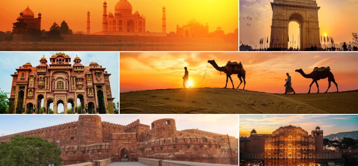 Collage featuring the Taj Mahal, India Gate, Jaipur's Hawa Mahal, Agra Fort, desert camel safari, and heritage attractions representing the Golden Triangle Tour in India.