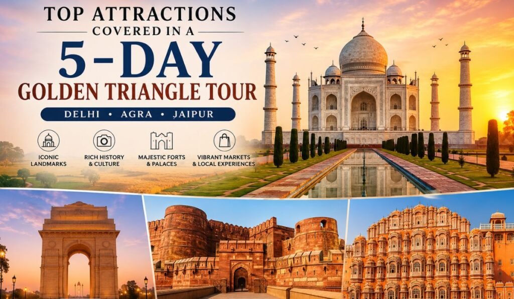 Top attractions covered in a 5-day Golden Triangle Tour featuring the Taj Mahal, India Gate, Agra Fort, and Hawa Mahal across Delhi, Agra, and Jaipur.