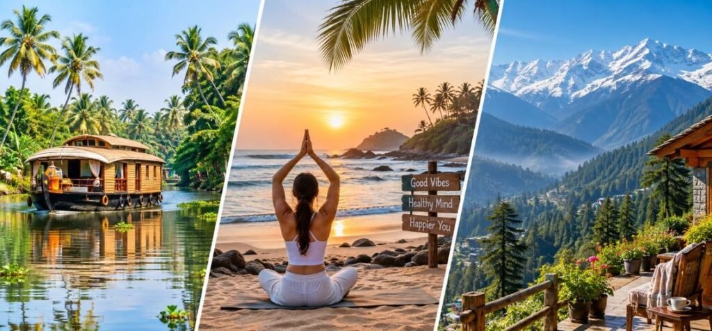 Top Wellness Retreat Destinations in India A scenic collage highlighting top wellness retreat destinations in India, including yoga in Rishikesh, Ayurveda in Kerala.