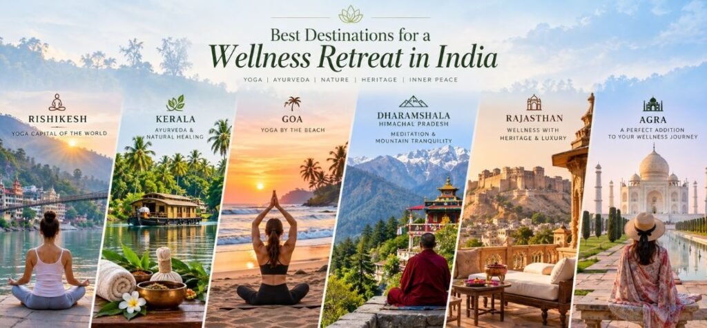 Best Wellness Retreat Destinations in India Best wellness retreat destinations in India including Rishikesh, Kerala, Goa, Dharamshala, Rajasthan and Agra
