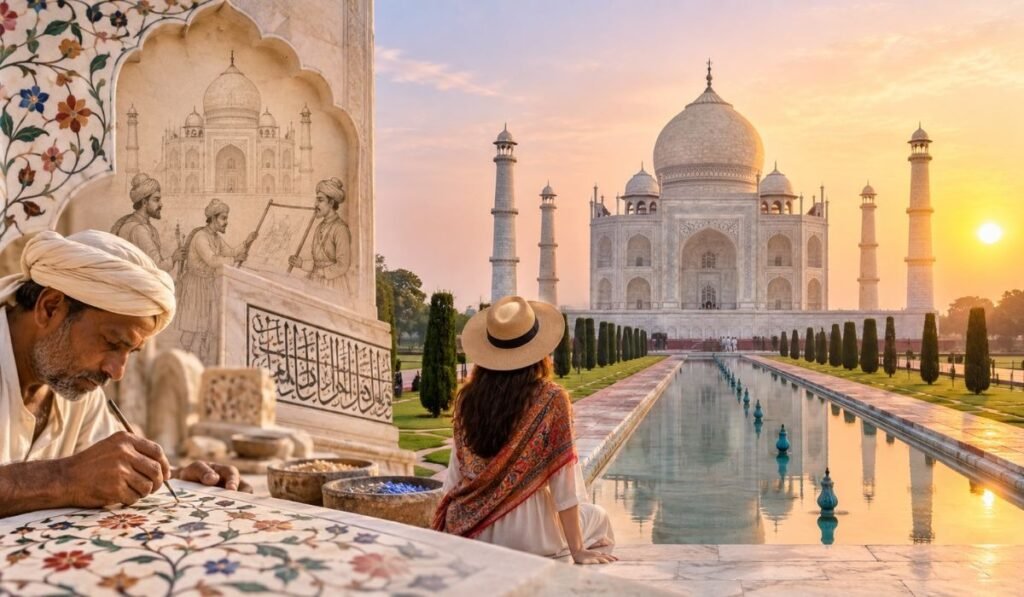 Taj Mahal History and Marble Inlay Craftsmanship Artisan creating traditional marble inlay work beside a traveler viewing the Taj Mahal at sunset
