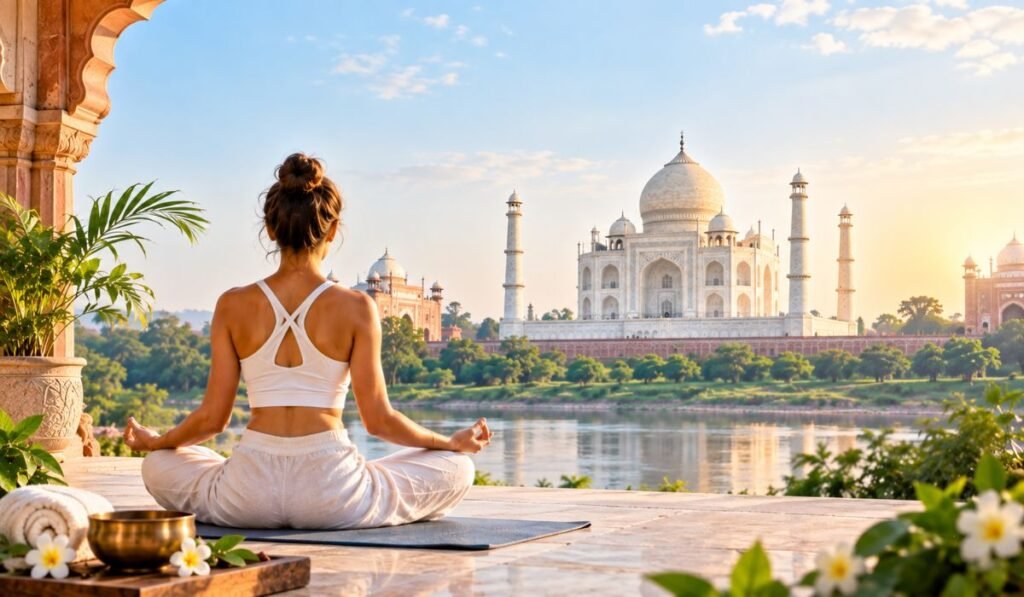 Yoga Tour With the Taj Mahal Traveler practicing yoga with the Taj Mahal in Agra during a wellness tour in India