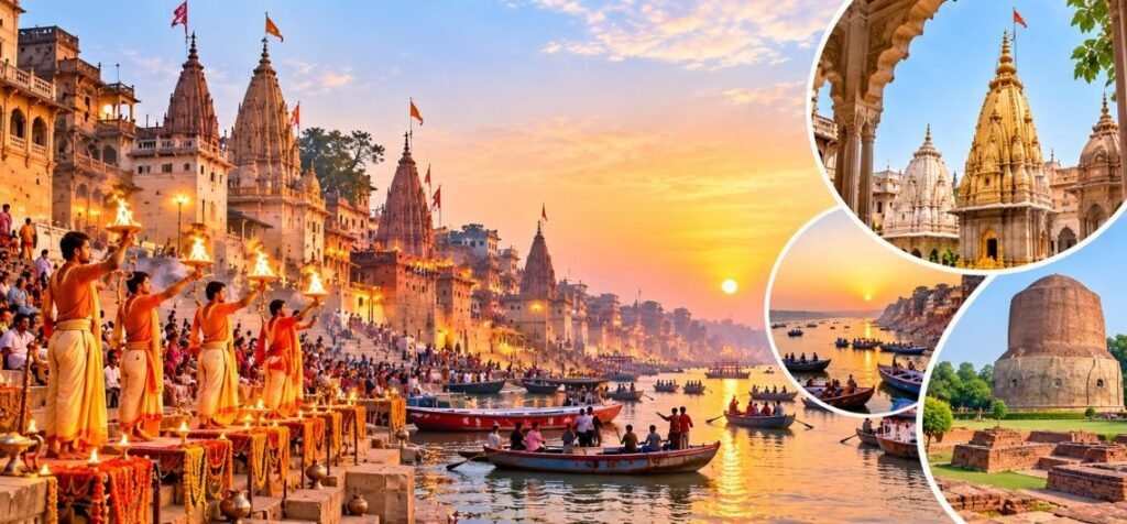 Varanasi Ganga Aarti and Sacred Ghats Varanasi Ganga Aarti at the sacred ghats of the River Ganges during sunset