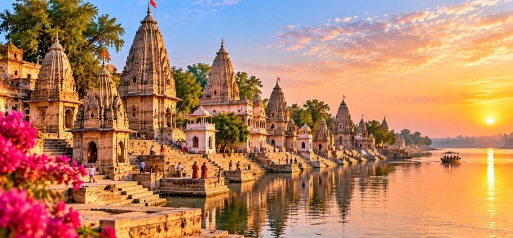 Bateshwar Ancient Temples on the Yamuna River Ancient Shiva temples and riverside ghats at Bateshwar near Agra, Uttar Pradesh, India, during sunset.