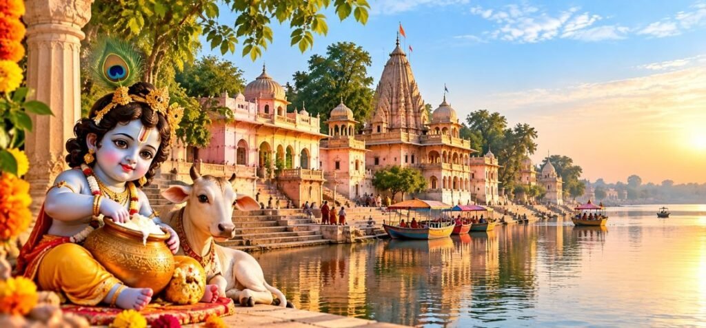 Gokul – Sacred Land of Lord Krishna's Childhood Bal Krishna with a butter pot beside a sacred riverside ghat and temples in Gokul near Mathura, India.