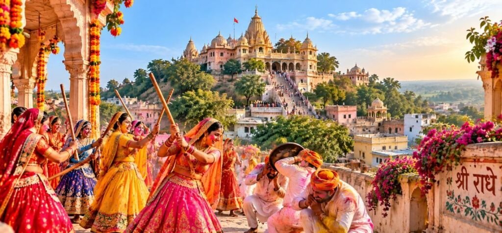 Barsana Radha Rani Temple and Lathmar Holi Festival Women celebrating Lathmar Holi with decorated sticks near Radha Rani Temple in Barsana, Uttar Pradesh, India.