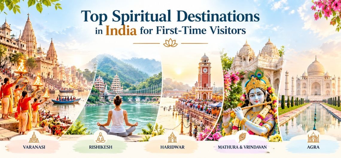 Spiritual destinations in India featuring Varanasi, Rishikesh, Haridwar, Mathura and Vrindavan, and Agra.