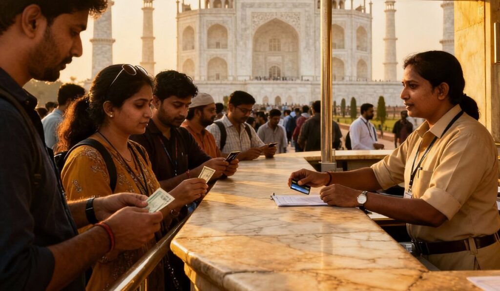 Tourists buying tickets at the Taj Mahal ticket counter with visible signs showing entry fees and visiting hours.