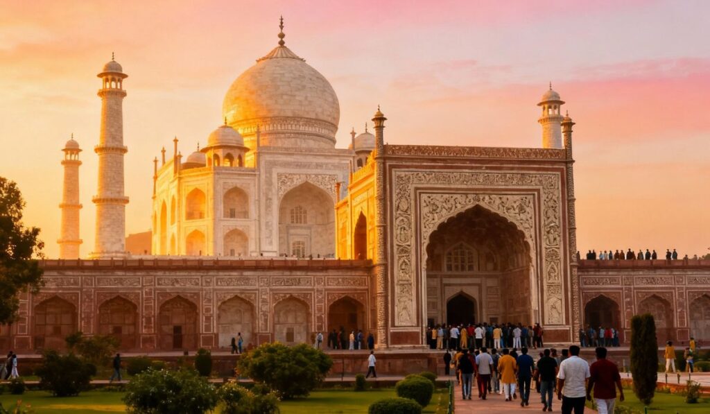 Taj Mahal at sunrise with tourists entering through the East Gate, showing the monument and surrounding gardens.