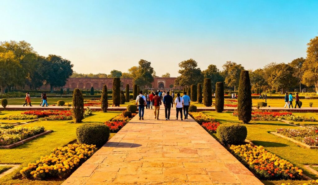 Tourists walking along lush garden pathways inside the Taj Mahal complex under a clear blue sky.