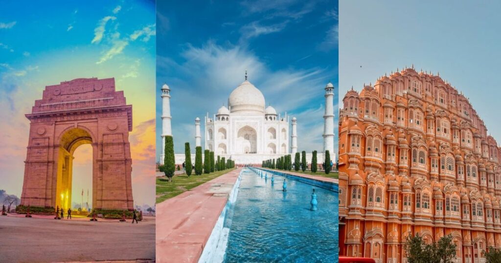 India Gate, Taj Mahal, and Hawa Mahal collage featuring Golden Triangle Hidden Gems