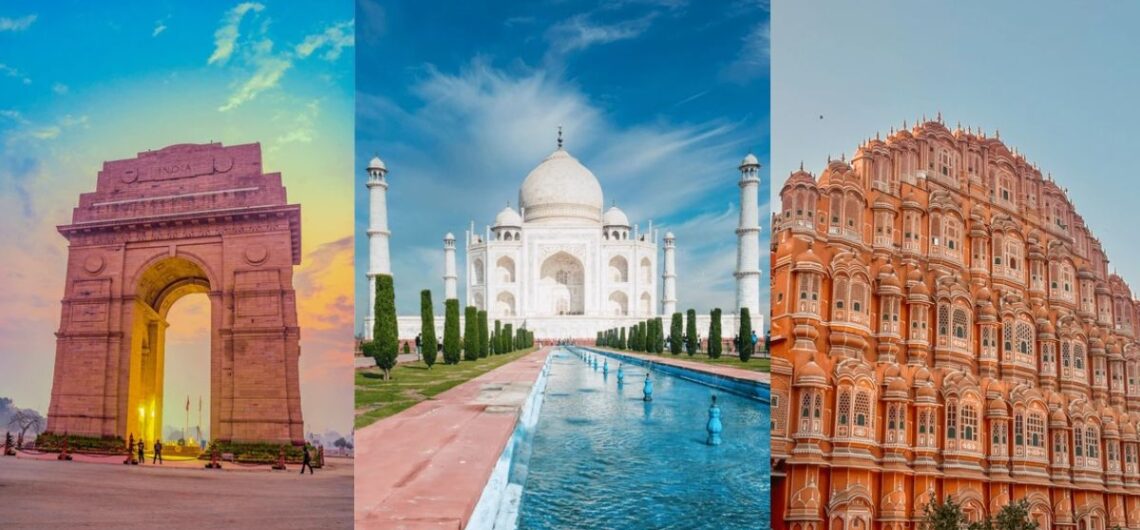 India Gate, Taj Mahal, and Hawa Mahal collage featuring Golden Triangle Hidden Gems