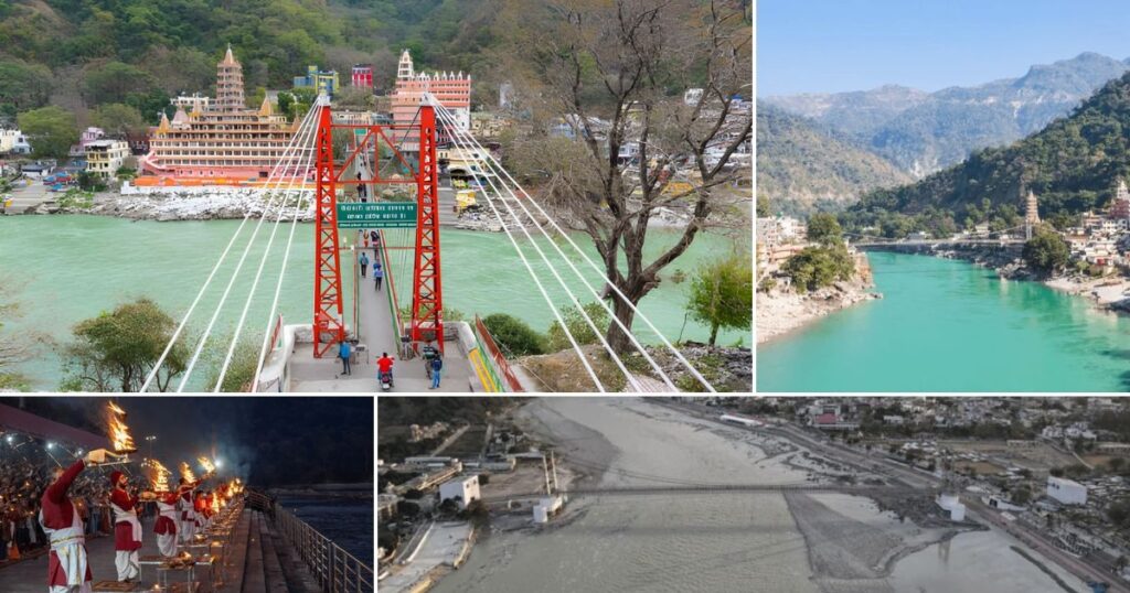 Rishikesh Scenic & Spiritual Moments Collage Collage of Rishikesh showing Lakshman Jhula, Ganges River views, Ganga Aarti, and an aerial view of the riverbank.
