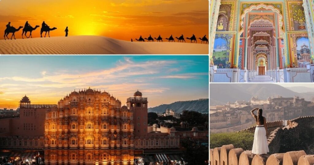 Rajasthan Highlights – India’s Most-Loved Tourist Circuit Camel safari in desert, Patrika Gate, Hawa Mahal, and Amber Fort views representing India’s Most-Loved Tourist Circuit