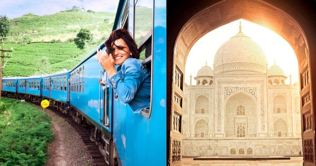 Same Day Taj Mahal Tour by Train – Fast & Scenic Experience A traveler enjoying a scenic train journey alongside a majestic view of the Taj Mahal framed through an arched gateway, representing a same day taj mahal tour by train.