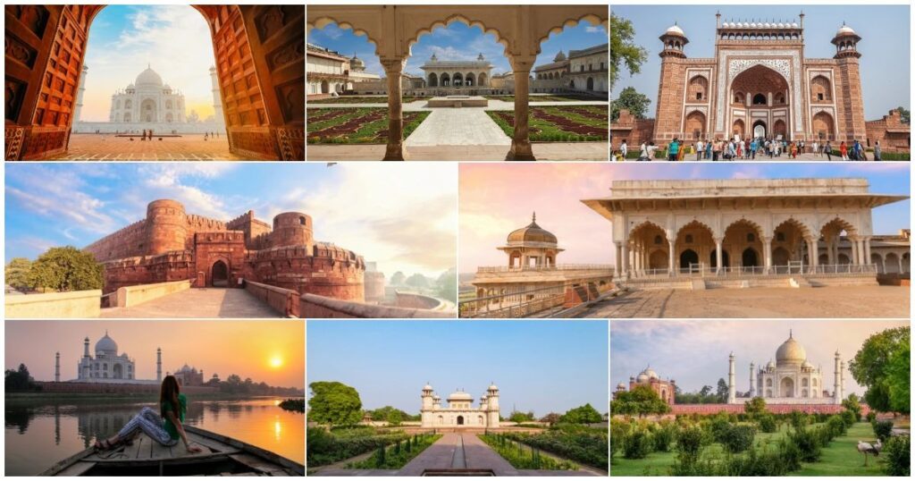 Stress-Free Private Trip Covering Taj Mahal and Agra Fort A collage of Agra’s iconic monuments including the Taj Mahal, Agra Fort, and historic courtyards, representing a stress-free private trip with relaxed sightseeing and smooth travel.
