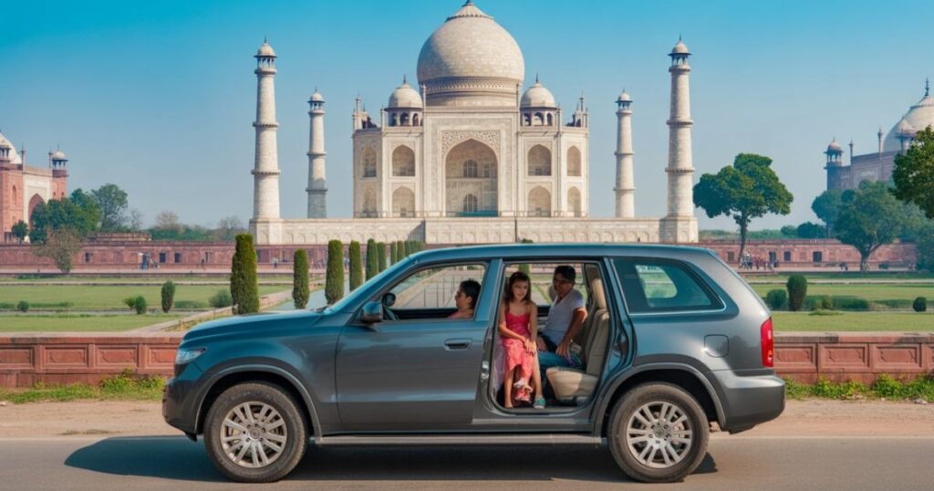 Private Triangle Tours with Family at the Taj Mahal Family enjoying a private car visit at the Taj Mahal during Private Triangle Tours