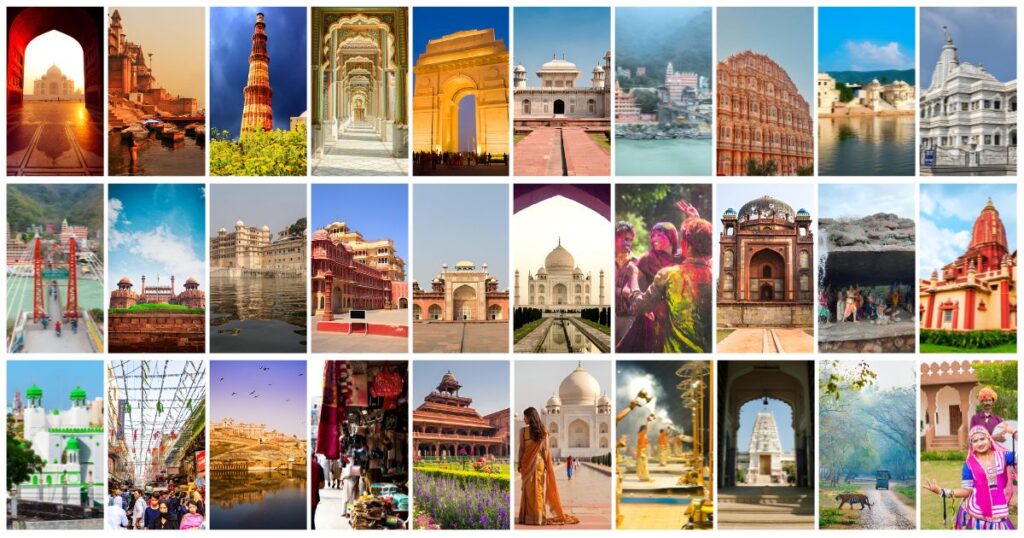 A collage of famous monuments, temples, markets, and cultural sites representing the Top 15 Best Places to Visit in India.