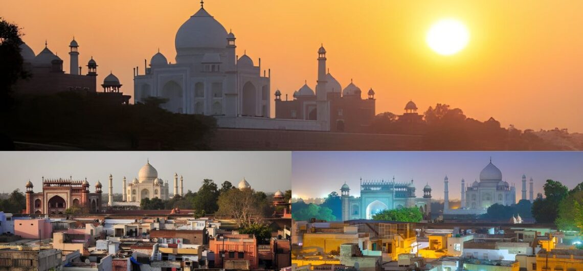 Sunset and evening views of the Taj Mahal seen from nearby villages during a village walk near Taj Mahal.