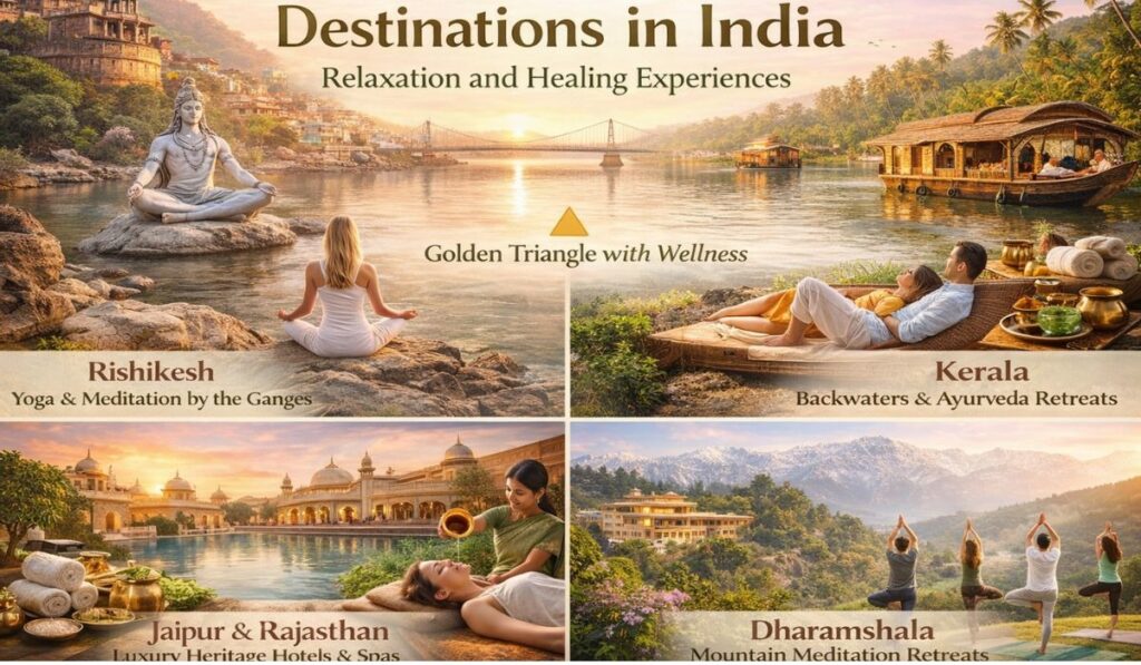 Top Wellness Destinations in India – Rishikesh, Kerala, Rajasthan, Dharamshala Top wellness destinations in India including Rishikesh yoga by the Ganges, Kerala Ayurveda retreats, Rajasthan luxury spa resorts, and Dharamshala meditation in the Himalayas