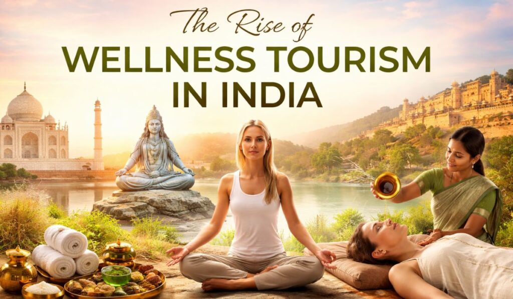 Wellness tourism in India featuring yoga meditation, Ayurveda therapy, and peaceful heritage landscapes