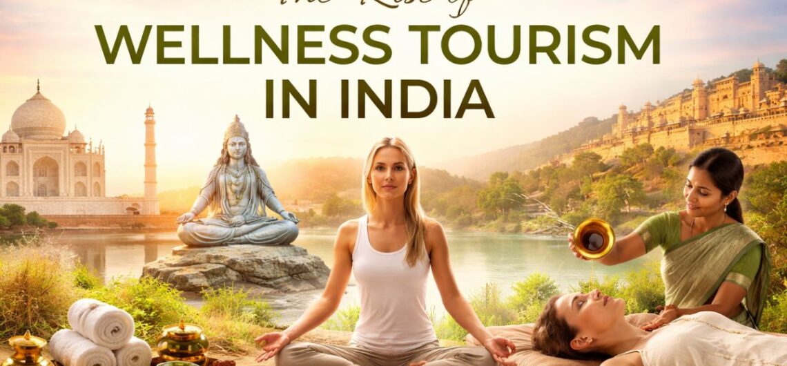 Wellness tourism in India featuring yoga meditation, Ayurveda therapy, and peaceful heritage landscapes
