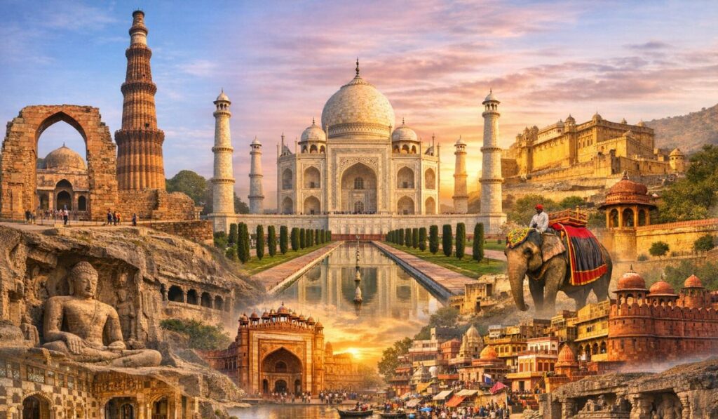 india-tourism-diverse-destinations-taj-mahal-mountains.jpg India travel destinations featuring Taj Mahal, mountains, temple architecture, and tropical beach landscape
