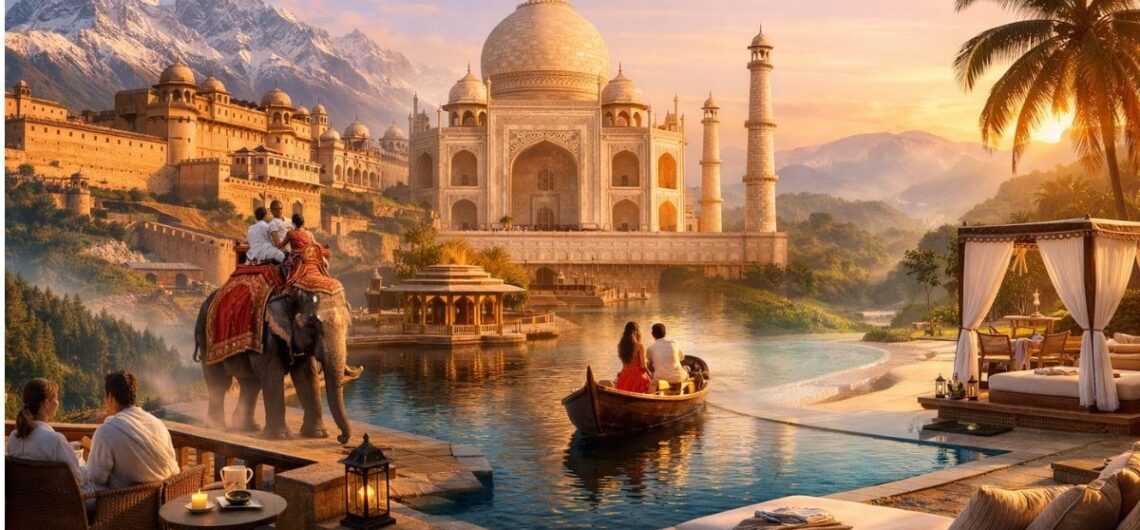 Luxury travel in India featuring Taj Mahal, Rajasthan palace, mountains, elephant ride and scenic resort view