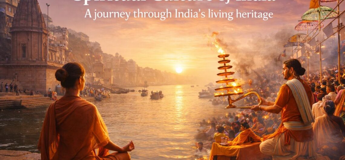 Spiritual culture of India showing Ganga Aarti ceremony in Varanasi with devotees and holy river Ganges